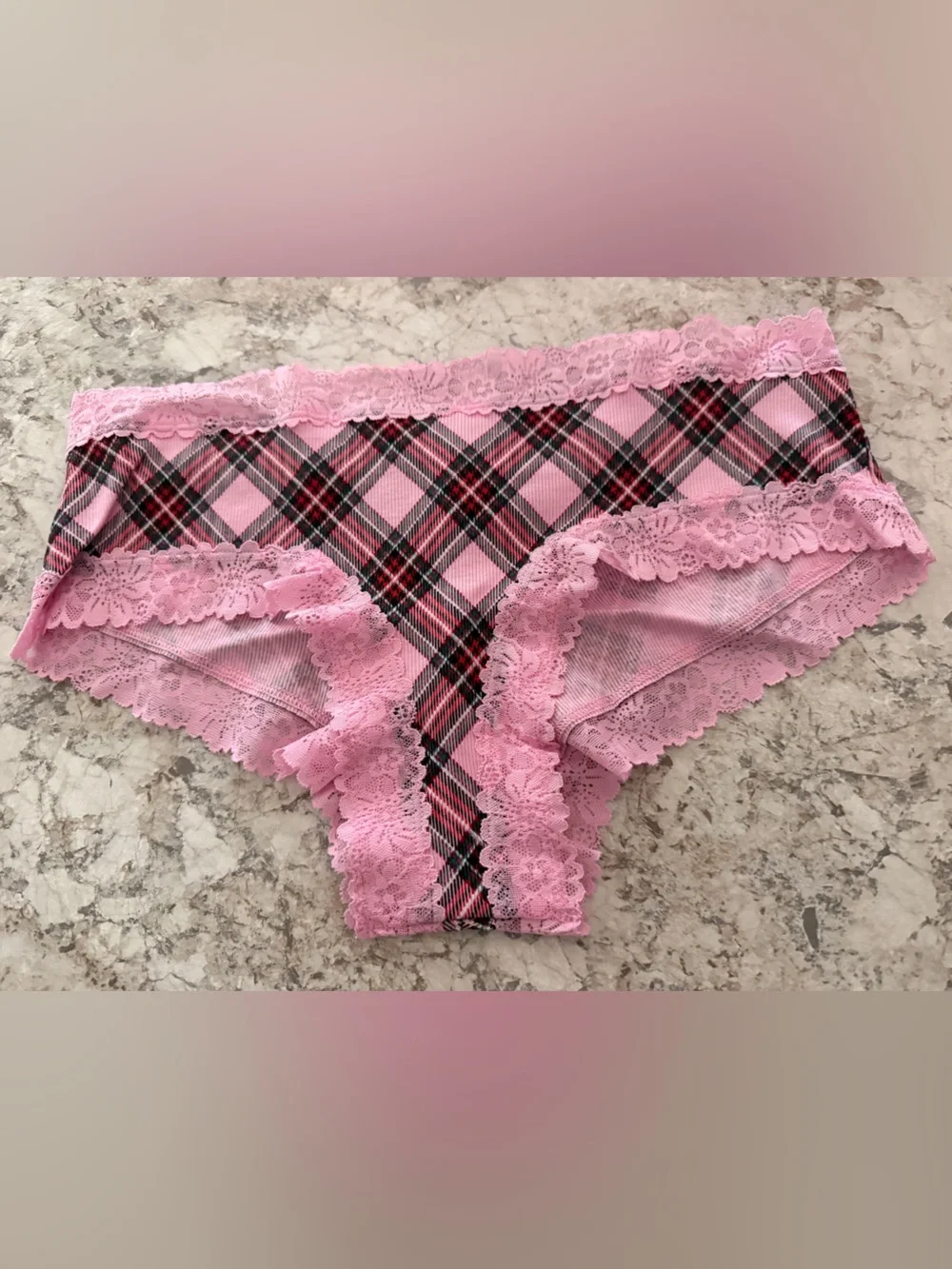 VS PINK Lace Trim Cotton Cheeky Christmas Panty Plaid NWT Large